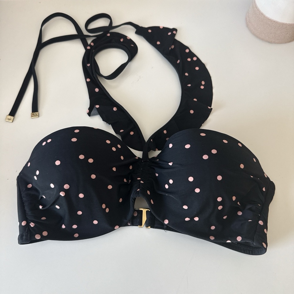 kate spade Black Bikini Top with Pink Polka Dots and Gold Clasp